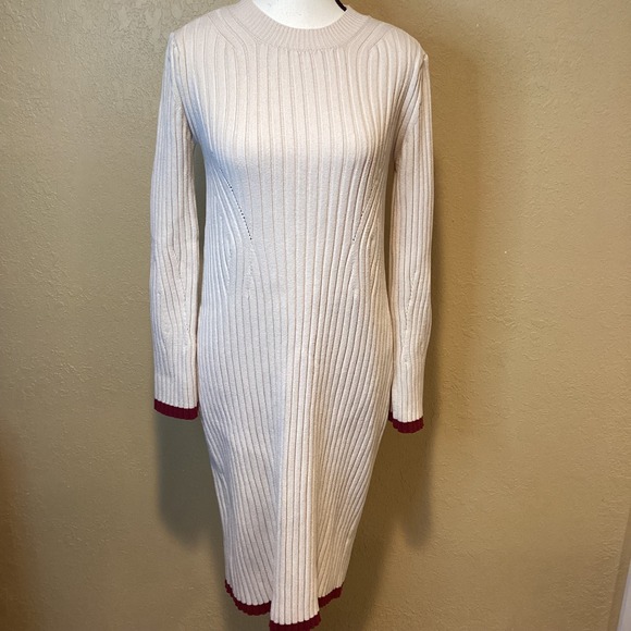 EN SAISON Cream Burgundy Ribbed Heavy knit Sweater Midi Dress Size Larg